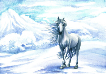 Watercolor drawing with a white horse and a mountain landscape. Artistic illustration. For background, postcards, banner © ANTONINA MASLOVA