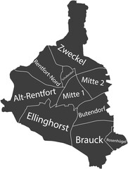 Dark gray flat vector administrative map of GLADBECK, GERMANY with name tags and white border lines of its districts