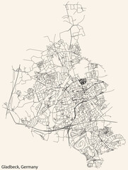 Fototapeta na wymiar Detailed navigation black lines urban street roads map of the German town of GLADBECK, GERMANY on vintage beige background