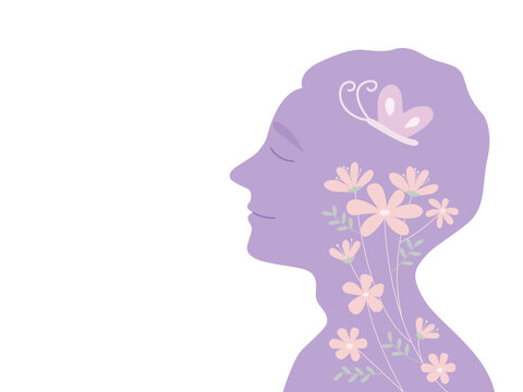 Smiling face of a young man with flowers and butterfly mental health concept. Flat vector illustration.