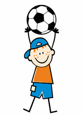 One boy with soccer ball, humorous vector illustration on white background