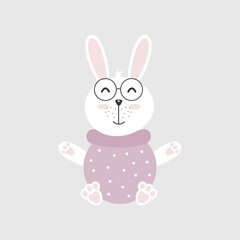 Cute rabbit character bunny vector design. Easter greeting card, greeting card, invitation, poster, with cute, cartoon hand drawn watercolor background. Happy baby bunny. 