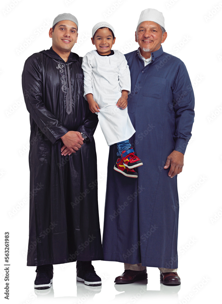 Wall mural muslim, family and portrait grandfather, boy and father in studio for religion, mosque or bond on wh