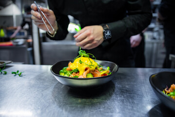 Chef in restaurant kitchen cooking salad with Boiled Eggs, Salmon, Tomatoes and cucumber in a bowl