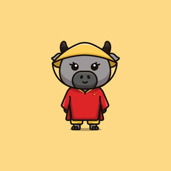 Obraz premium Cute national animal female buffalo wearing Vietnamese national dress cartoon illustration free vector