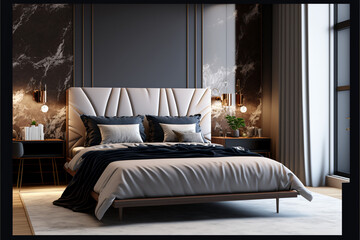 cozy light exquisite aristocratic large bedroom large bed soft pillows dark walls