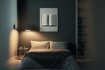Cozy and Comfortable minimalist Interior Design of Bedroom with books post production digital illustration Generative AI Stock illustration
