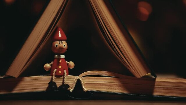 footage of wooden toy book dark background