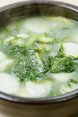 Tteokguk, Korean Seaweed fulvescens Sliced Rice Cake Soup : Oval-shaped rice cake cooked in broth. A traditional Lunar New Year dish. Clear beef broth is most commonly used, but chicken or seafood may