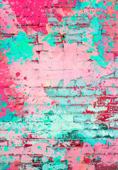 Brightly colored pink, viva magenta, and aqua turquoise paint splatter digital painting on brick...
