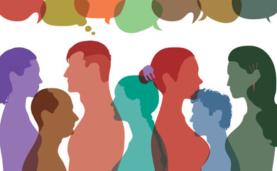 Group of multiethnic and multicultural people. Communication in community. Dialogue and inform. Diversity people. Flat vector illustration