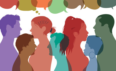 Communication on social networks. Group of international people. Speech bubble. Flat vector illustration