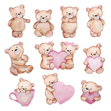 Watercolor Cute Teddy Bears Valentine's Day