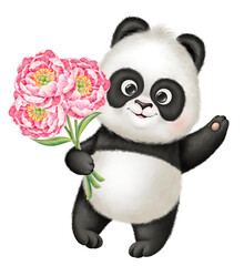 Panda with a bouquet of peonies