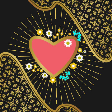 Pink heart framed with flowers, rays and gold patterns on a black background. Card or poster for Valentine's Day. Vector illustration