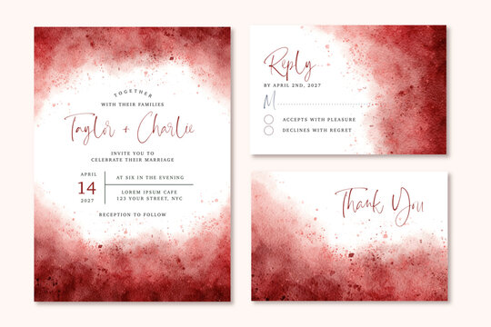 wedding invitation set with red abstract watercolor frame