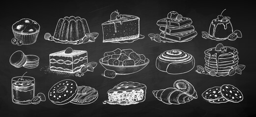 Vector chalk drawn sketchy illustrations collection of desserts and sweet food. Vintage style drawing isolated on chalkboard background. - obrazy, fototapety, plakaty