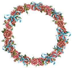Rose pink vintage round frame with blue bows