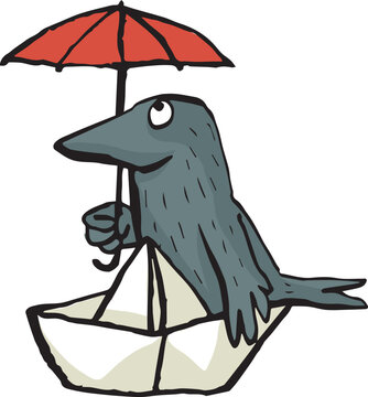 Vektor Illustration von einem Vogel, der gewappnet mit einem roten Schirm zum Selbstschutz in einem Boot sitzt	