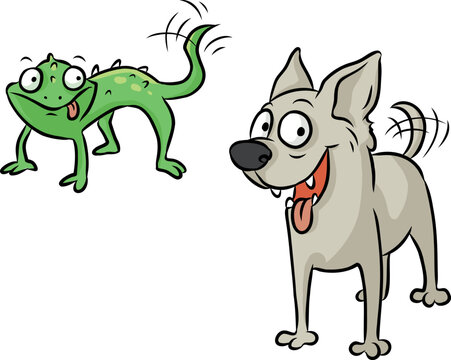Vektor Illustration  von einem opportunistischen Chamäleon, das sich anpasst, indem es einen Hund nachahmt
