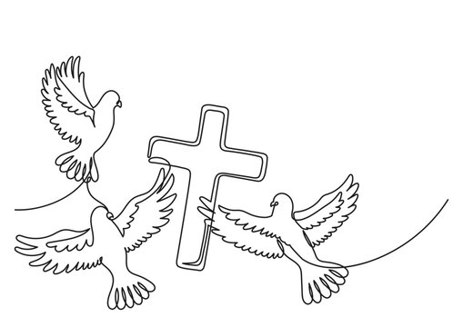 Three Doves And Cross. Continuous Line Drawing. Christianity Religion Concept. Vector Illustration.