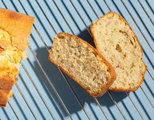 Banana bread. Top view of sliced banana bread  on a cooling rack. 
