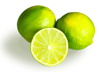 Closeup group of Single slice green lime with whole lime fruit isolated on white background using in food or drink garnish.
