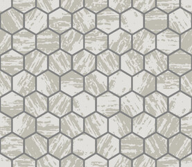 Marble beige ceramics flooring. Cobblestone road with mosaic hexagon blocks. Stone grunge strokes tiles, seamless texture for pavement. Top view of pave pattern. Vector background