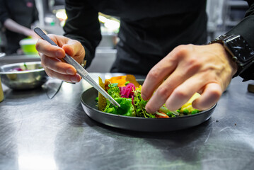 chef hand preparing Meat Pie with mashed potato and salad on restaurant kitchen