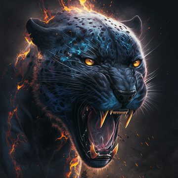 Art painting of a panther with fire, Generative AI