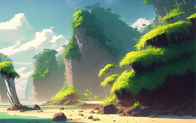 a classic anime painting of a beach with plants and hills, generative ai technology