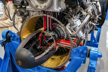 Older Russian helicopter from 80s era motor turboshaft or engine cut through detail - displayed at weapons exhibition © Lubo Ivanko