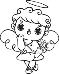 Cute  sweet romantic happy smile Valentine love cupid curly hair boy outline doodle cartoon character drawing