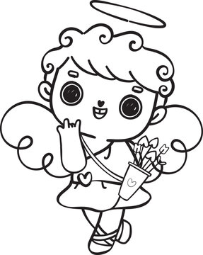recommend clip art: Cute  sweet romantic happy smile Valentine love cupid curly hair boy outline doodle cartoon character drawing