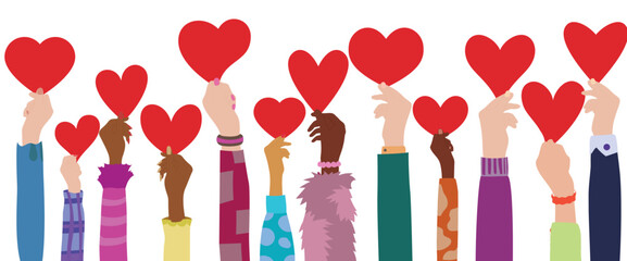 Arms raised of men and women with heart in hand. Charity donation