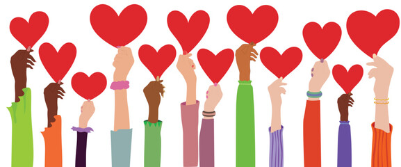 Voluntary hands hold heart in hand. Charity donation and contribution. Social work