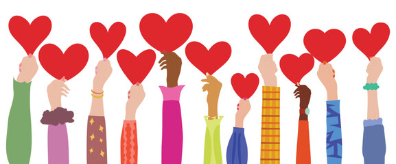 Diverse people and heart in hand. Arms and hands raised. volunteer and Support.