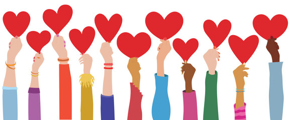 Charity donation and Arms and hands hold heart in hand. Diverse people with heart. Multicultural and multiethnic crowd.