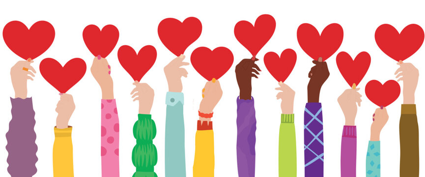 Arms raised of men and women with heart in hand. Charity donation - Powered by Adobe