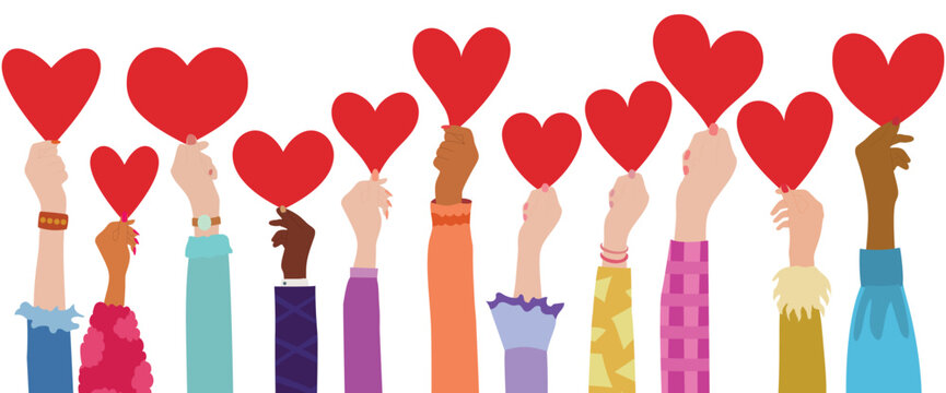 Arms and hands raised. Volunteer and Support. Diverse people and heart in hand.