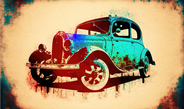 a classic retro poster illustration of a oldtimer car, mixed with modern colors splash, generative ai technology