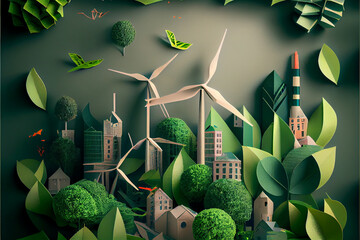 Mock up green city layout with paper, alternative energy. Generative AI. - obrazy, fototapety, plakaty