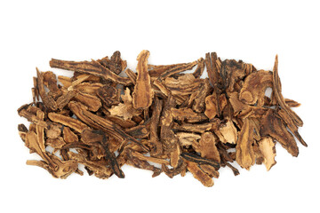 Hog fennel root Chinese herbal plant medicine, is antispasmodic, diaphoretic, diuretic. Used to treat respiratory  illnesses, catarrh, coughs, fever. Used as incense. Qian hu. On white.