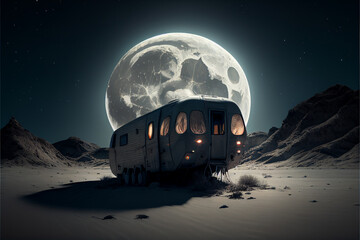 Fototapeta na wymiar Trailer in the desert against the background of the full moon. AI generated.