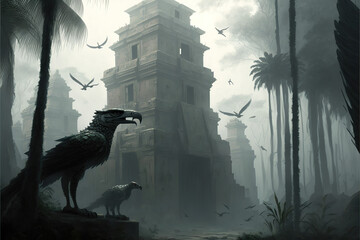 Ancient aztec temple ruins with vultures in a place of old empires