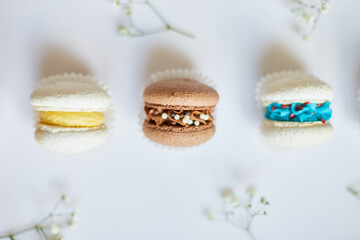 Top view set of different french cookies macaroons, cake macarons with flowers on white background, colorful almond cookies, pastel colors.