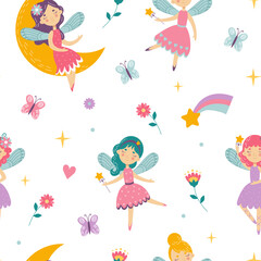 Fairy princess pattern, cute girls dancing. Doll child and flowers, childish baby fabric with magic rainbow and moon, sweet heart. Wrapping design. Vector seamless tidy illustration