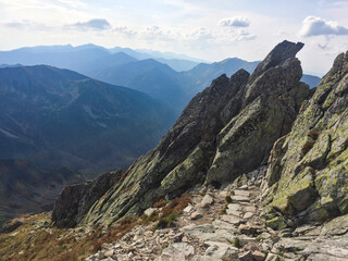 Beautiful mountain landscape in summer day, hiking in the high parts of mountains. 