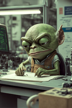 grumpy green alien works in an office. Created with generative AI