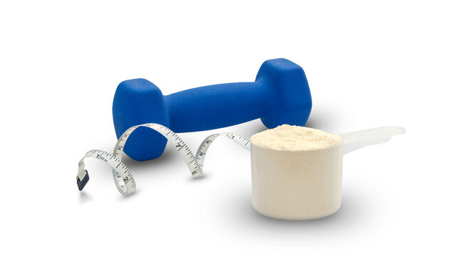 Whey protein, tape measure, and a blue dumbbell on a white background.